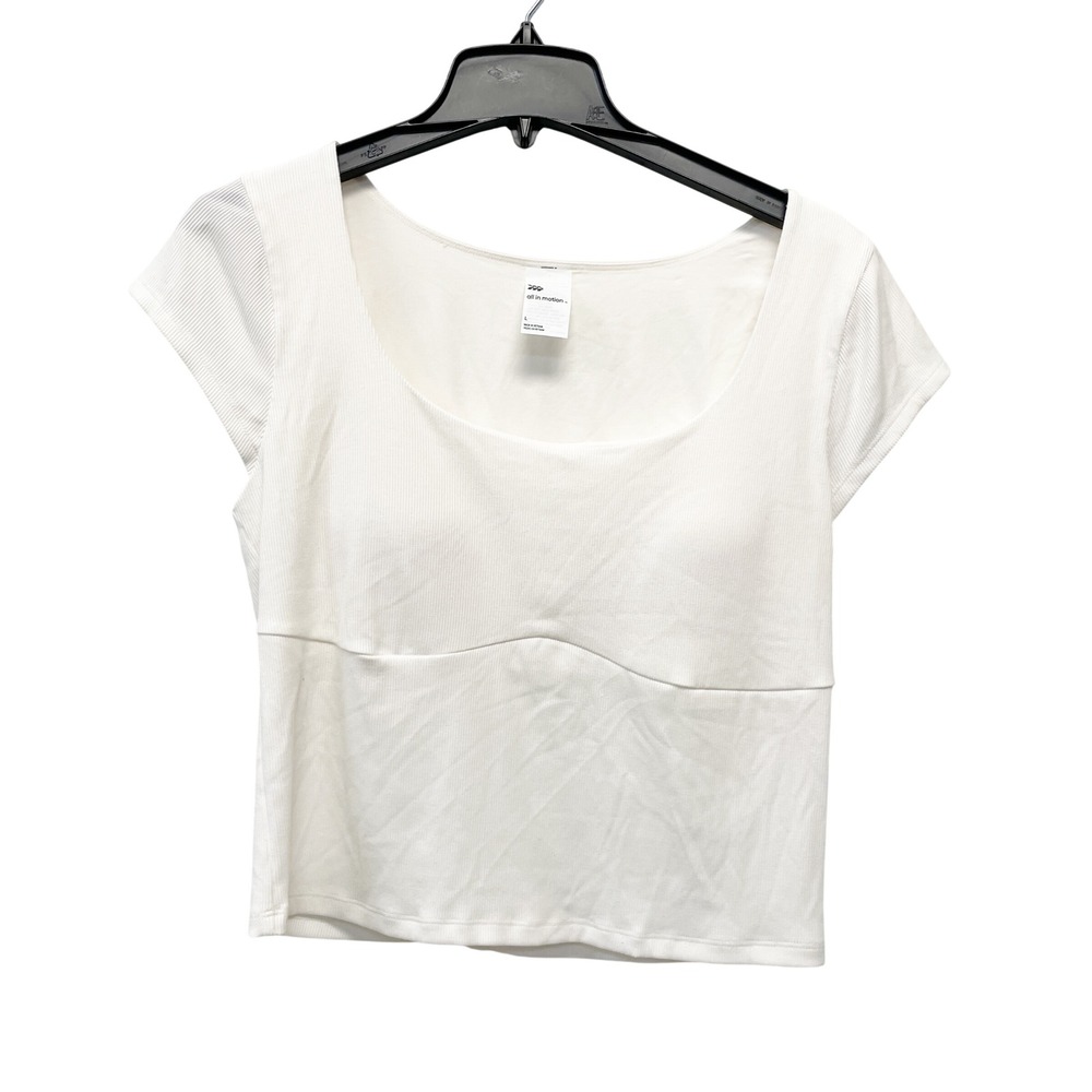 All in Motion Women's White Ribbed Built-in Bra Cap Sleeve Activewear Top Size L